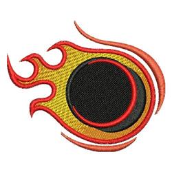 Vibrant flame design featuring a bold circular motif in red and yellow, set against a striking black background.
