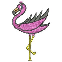 Cartoonish flamingo applique design with a vibrant pink body, black wings, and playful yellow legs.