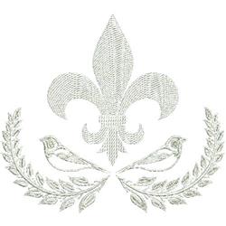 Fleur-de-lis adorned with two birds under soft laurel leaves, featuring elegant line work and muted colors.