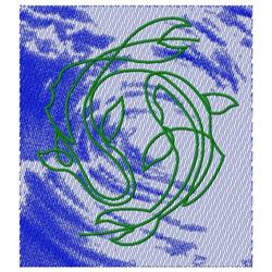 Two fish outlined in green swirl against a textured blue background, showcasing modern abstract design.