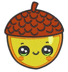 Cute acorn with a smiling face, yellow body, and textured brown cap. Playful fall theme for kids.
