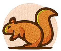 Applique squirrel with brown outline, orange body, and yellow highlight, posed playfully in a warm peach circle.