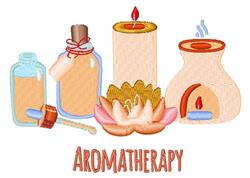 Whimsical aromatherapy items featuring a candle, pastel essential oil bottles, and a lotus flower, perfect for relaxation.