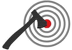 Modern axe design with concentric gray rings and a vibrant red dot on a target.