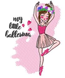 Whimsical ballet dancer in a pink tutu and floral crown, mid-dance on a soft pink background.