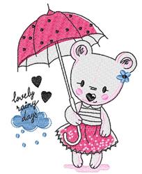 Cute bear holding a pink polka-dotted umbrella, wearing a striped shirt and pink skirt, perfect for spring decor.
