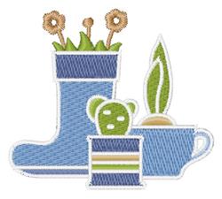 Whimsical blue boot planter overflowing with green plants, beside a bear figure pot and a plant-filled cup.
