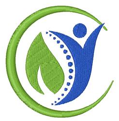 Modern blue figure in applique style, accompanied by a green leaf and circular green border, symbolizing health.
