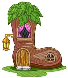 Whimsical boot-shaped house with brown texture, green leafy top, pink curtains, and a lantern, perfect for children's themes.