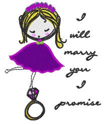 Playful bride character in purple dress, balancing on one leg, holding an oversized engagement ring and whimsical text.
