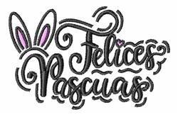 Applique bunny ears with a pink interior, 'Felices Pascuas' script below, and heart accent for a joyful Easter vibe.