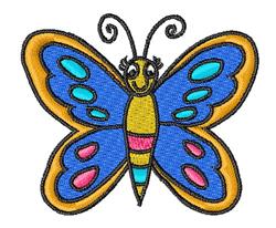 Colorful butterfly with blue wings, yellow body, and pink accents, ideal for playful embroidery projects.