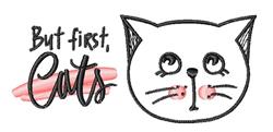 Playful cat face with large eyes and distinct whiskers, featuring soft pinks and bold outlines.