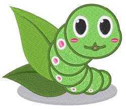 Playful cartoon-style caterpillar with rosy cheeks on a leaf, designed for whimsical embroidery.