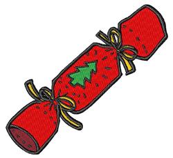 Festive Christmas cracker with vibrant red and green tree design, finished with cheerful yellow ribbons.