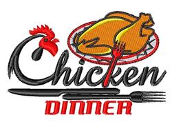 Cooked chicken on a colorful platter with a playful rooster above and bold 'DINNER' text in red.