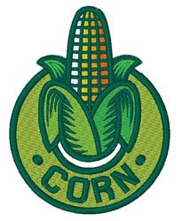 Vibrant corn cob with yellow and orange kernels, framed by green leaves on a circular green badge.