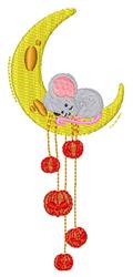 Playful gray mouse with pink ears lounging on a yellow crescent moon, surrounded by whimsical red decorative balls.