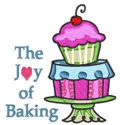 Playful cupcake with pink frosting and cherry on a decorative stand, featuring colorful text 'The Joy of Baking'.