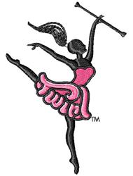 Dynamic dancer silhouette in playful pink dress, holding a baton with flowing hair in motion, perfect for performing arts.
