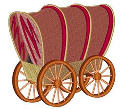 Whimsical decorative wagon in red fabric with wooden wheels and bright yellow accents, perfect for playful decor.