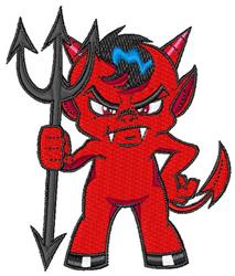 Playful cartoon devil character in red with black and blue details, holding a trident for Halloween fun.