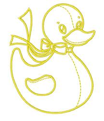 Playful duck with a cheerful yellow outline and smooth curves, adorned with a bow, perfect for kids' items.