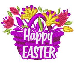 Colorful Easter basket with vibrant purple hues, filled with tulips and lilies, featuring 'Happy EASTER' text.