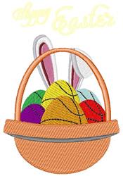 Playful basket filled with colorful Easter eggs, white bunny ears, and 'Happy Easter' text, perfect for spring decor.