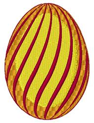 Festive decorative egg with a vibrant yellow background and bold red stripes, perfect for Easter decorations.