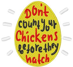 Playful decorative egg shape featuring colorful text 'Don't count your chickens before they hatch' for Easter.