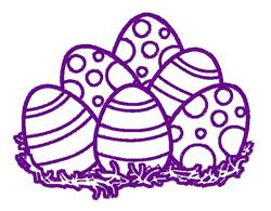 Colorful decorative Easter eggs in a soft nest, featuring playful patterns in purple, blue, and yellow.