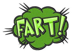 Text bubble featuring a large green cloud shape with bold 'FART!' lettering and exaggerated lines, cartoonish style.