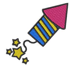 Colorful firework rocket with a red cone and blue-yellow striped body trailing yellow stars, perfect for festive occasions.