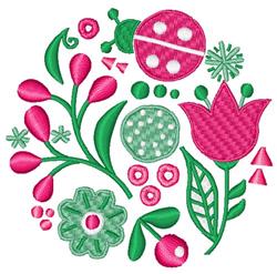 Colorful flower applique design featuring vibrant pink blooms, green leaves, a playful ladybug, and geometric shapes for spri