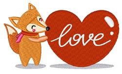 Playful fox with orange-brown fur holds a red heart with 'love' in white cursive, perfect for Valentine's Day.