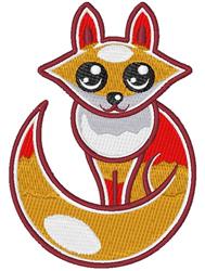 Cute fox with large eyes and a curled tail, in a warm orange palette, perfect for playful embroidery.