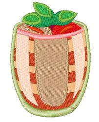 A jar filled with red apples and green leaves, featuring a warm striped design, perfect for fall decor.