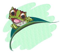 Playful green frog perched on a curved leaf, with large expressive eyes, against a soft green background.