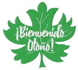 Playful green leaf in fall featuring bold text '¡Bienvenido Otoño!' in white. Perfect for seasonal décor.