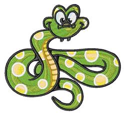 Playful green snake with yellow spots, large eyes, and a wide smile. Ideal for a whimsical machine embroidery design.