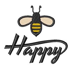Playful bee with black body and yellow stripes, peach wings, and 'Happy' in cursive below; perfect for whimsical embroidery.