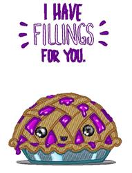 Cute cartoon pie with a golden crust, purple filling, and a happy expression. Whimsical fall design with playful text.