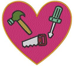 Heart shape filled with colorful tools: a green hammer, blue screwdriver, and red saw on a pink background.