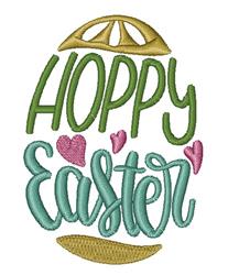 HOPPY EASTER egg design featuring vibrant text, small hearts, and a festive color palette. Perfect for Easter celebrations.