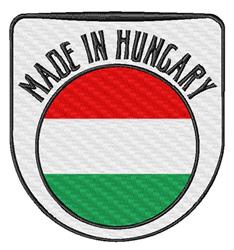 Hungarian flag patch in badge shape, featuring bold black text 'MADE IN HUNGARY' and vibrant red, white, and green colors.