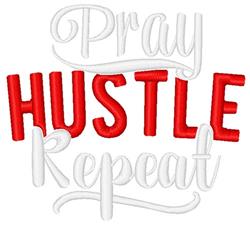 Playful embroidery with motivational text 'HUSTLE' in red, accented by 'Pray' and 'Repeat' in white, vibrant and energetic.