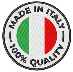 Circular patch featuring a vibrant Italian flag design outlined in black, with bold text 'MADE IN ITALY' and '100% QUALITY'.