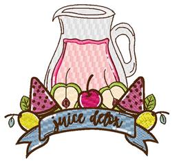Juice pitcher filled with pink juice, surrounded by vibrant pears and cherries, with a cheerful 'juice detox' blue banner, pe