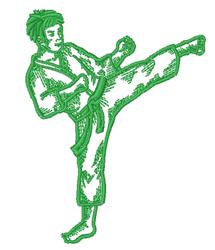 Cartoonish karate practitioner in a green uniform performs a high kick, showcasing dynamic energy and bold outlines.